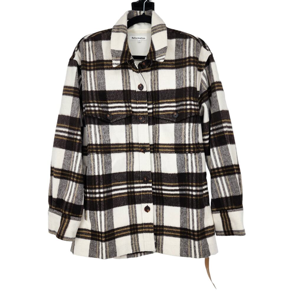 Reformation Women's Ridley Brown Plaid Button Front Jacket Shacket Size Medium